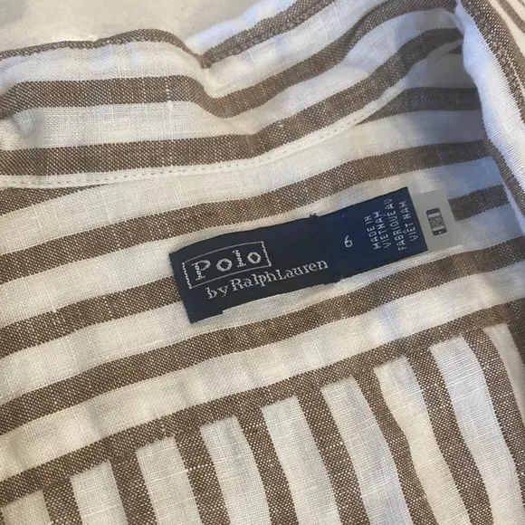 Polo Ralph Lauren 100% Linen Tan White Striped Preppy Minimalist Shirt Dress