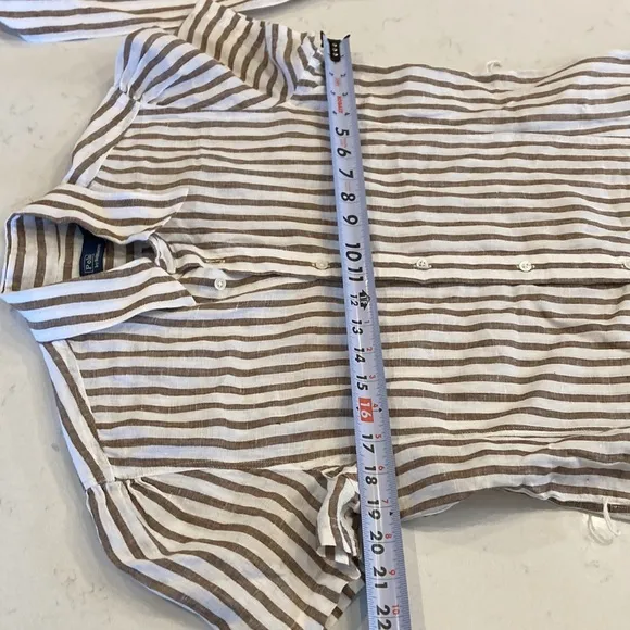 Polo Ralph Lauren 100% Linen Tan White Striped Preppy Minimalist Shirt Dress