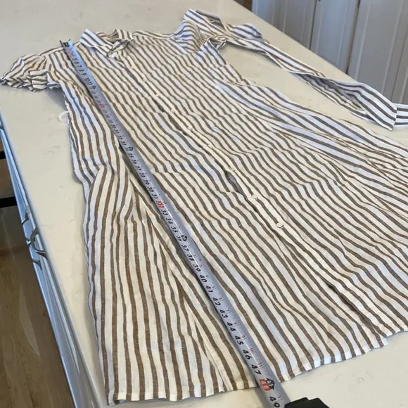 Polo Ralph Lauren 100% Linen Tan White Striped Preppy Minimalist Shirt Dress