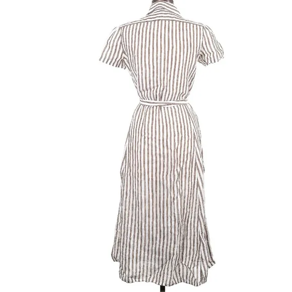 Polo Ralph Lauren 100% Linen Tan White Striped Preppy Minimalist Shirt Dress