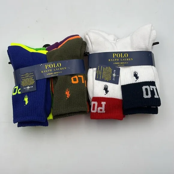 Polo Ralph Lauren Boy's Color Block Cuff Logo &amp; Double Logo Crew Socks 12 Pair