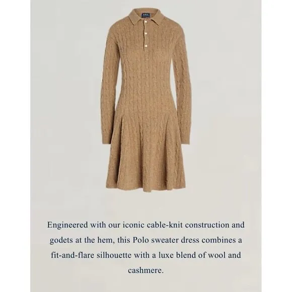 Polo Ralph Lauren Cable Knit Mini Sweater Dress Wool-Cashmere Women’s Med. Camel