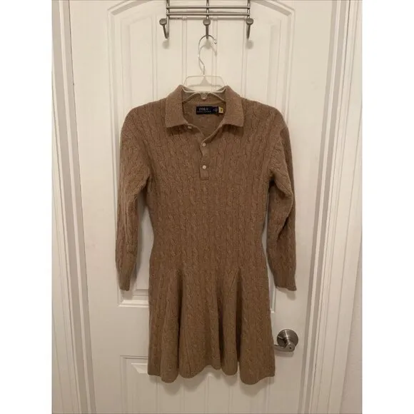 Polo Ralph Lauren Cable Knit Mini Sweater Dress Wool-Cashmere Women’s Med. Camel