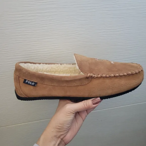 Polo Ralph Lauren Chaise Bear Moccasin Faux Fur Leather Slippers NEW 9 10