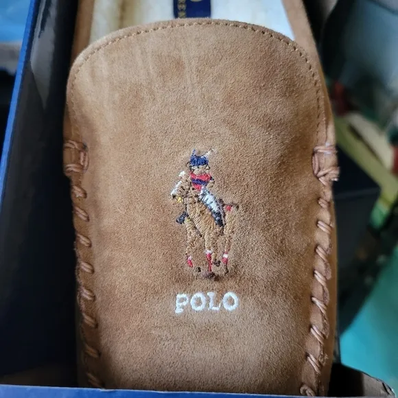 Polo Ralph Lauren Chaise Bear Moccasin Faux Fur Leather Slippers NEW 9 10