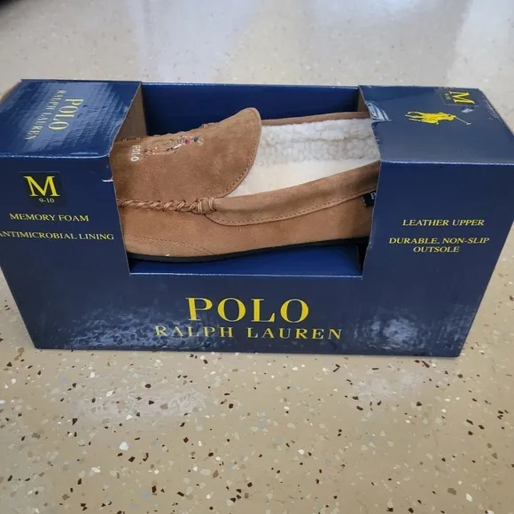 Polo Ralph Lauren Chaise Bear Moccasin Faux Fur Leather Slippers NEW 9 10