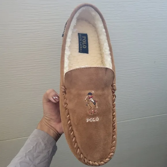 Polo Ralph Lauren Chaise Bear Moccasin Faux Fur Leather Slippers NEW 9 10