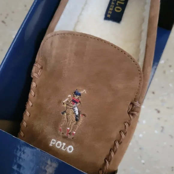 Polo Ralph Lauren Chaise Bear Moccasin Faux Fur Leather Slippers NEW 9 10