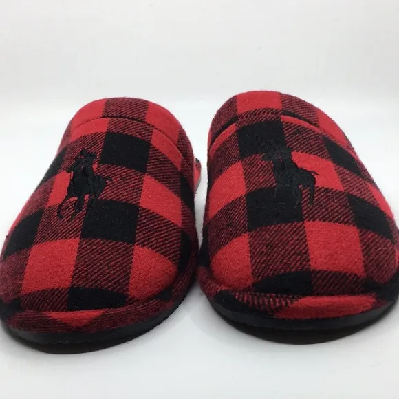 Polo Ralph Lauren Big Pony Red and Black Buffalo Plaid faux Sherpa Slippers L