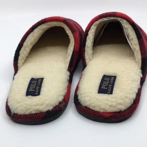 Polo Ralph Lauren Big Pony Red and Black Buffalo Plaid faux Sherpa Slippers L