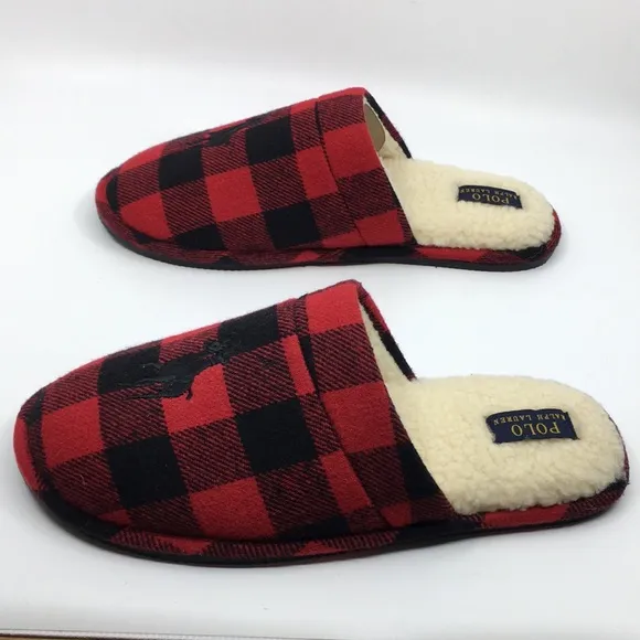 Polo Ralph Lauren Big Pony Red and Black Buffalo Plaid faux Sherpa Slippers L