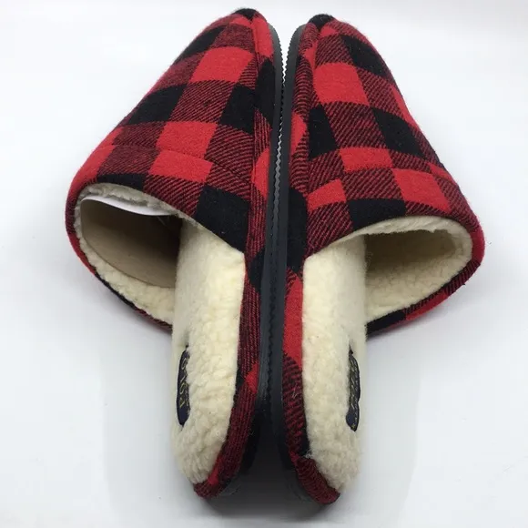 Polo Ralph Lauren Big Pony Red and Black Buffalo Plaid faux Sherpa Slippers L