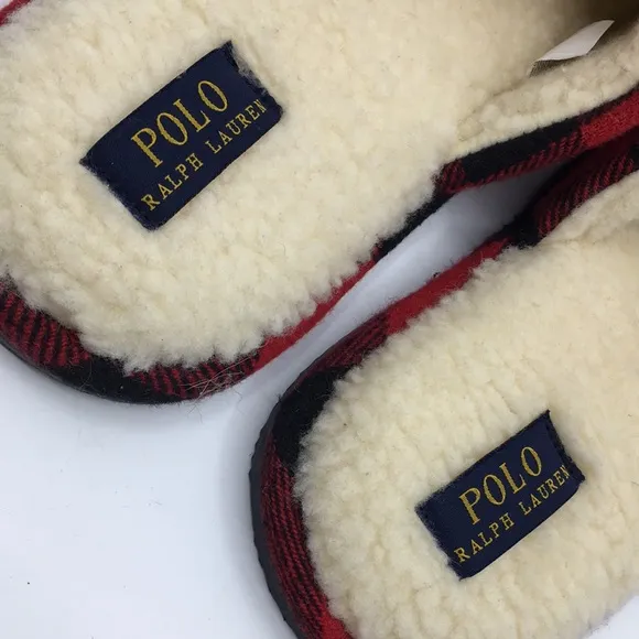 Polo Ralph Lauren Big Pony Red and Black Buffalo Plaid faux Sherpa Slippers L