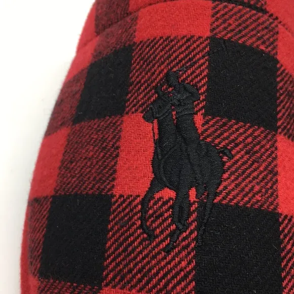 Polo Ralph Lauren Big Pony Red and Black Buffalo Plaid faux Sherpa Slippers L