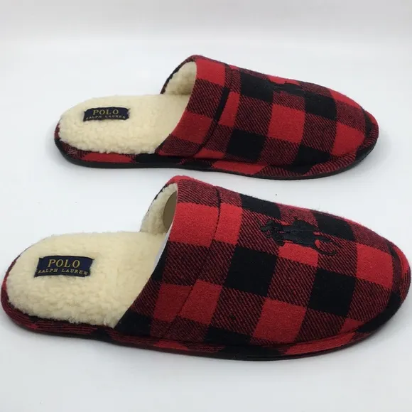 Polo Ralph Lauren Big Pony Red and Black Buffalo Plaid faux Sherpa Slippers L