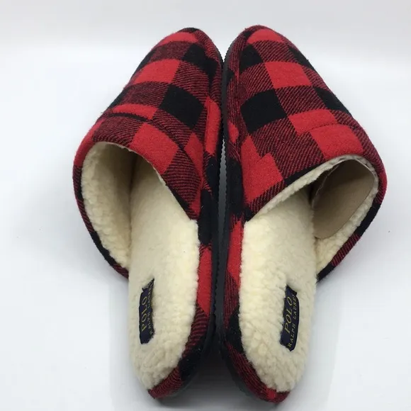 Polo Ralph Lauren Big Pony Red and Black Buffalo Plaid faux Sherpa Slippers L