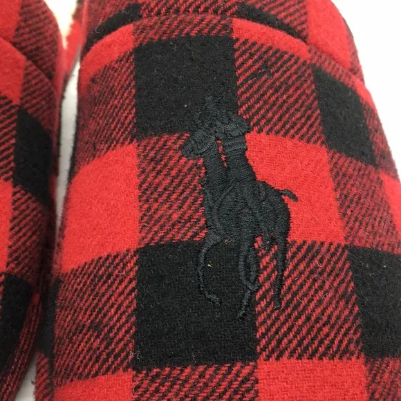 Polo Ralph Lauren Big Pony Red and Black Buffalo Plaid faux Sherpa Slippers L