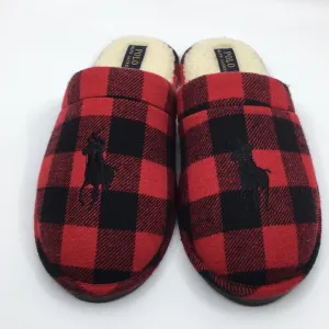 Polo Ralph Lauren Big Pony Red and Black Buffalo Plaid faux Sherpa Slippers L