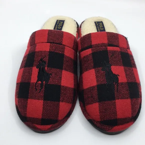 Polo Ralph Lauren Big Pony Red and Black Buffalo Plaid faux Sherpa Slippers L