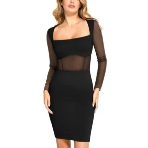 Popilush Sheer Waist Bodycon Long Sleeve Dress Black Size XXL NWT Minimalist