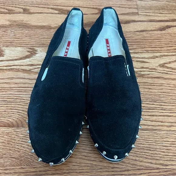 Prada Black Suede Studded Slip-On Shoes – Stylish &amp; Bold Design size 39