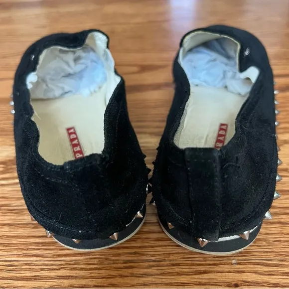 Prada Black Suede Studded Slip-On Shoes – Stylish &amp; Bold Design size 39