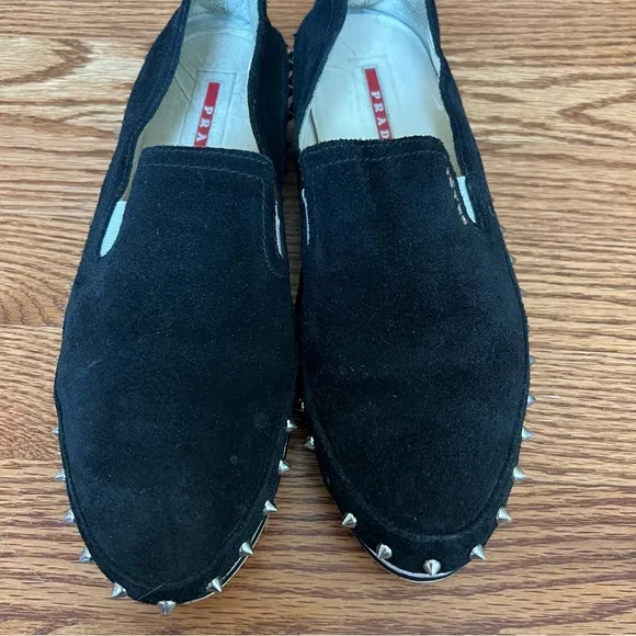 Prada Black Suede Studded Slip-On Shoes – Stylish &amp; Bold Design size 39