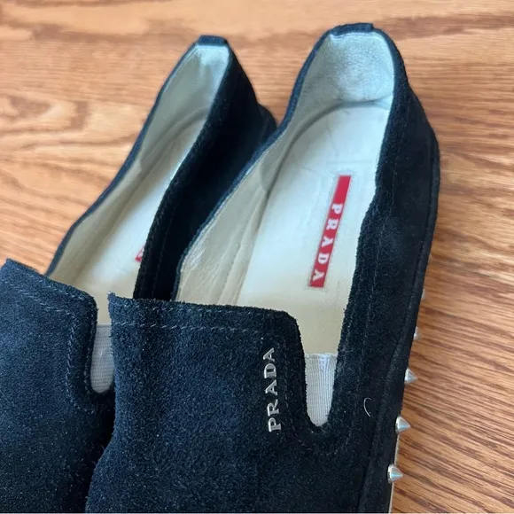 Prada Black Suede Studded Slip-On Shoes – Stylish &amp; Bold Design size 39
