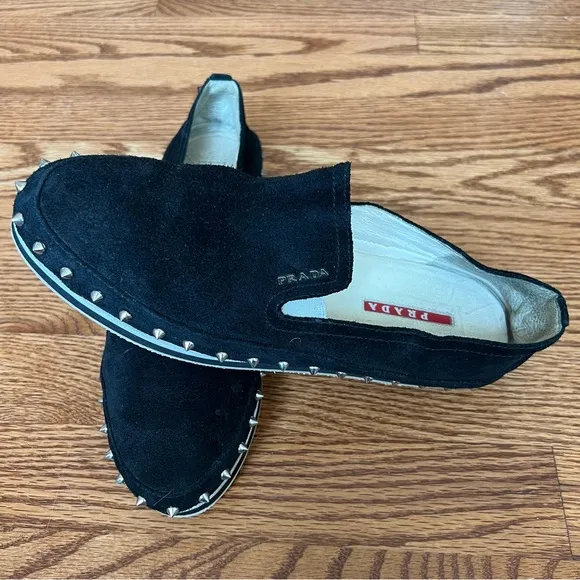 Prada Black Suede Studded Slip-On Shoes – Stylish &amp; Bold Design size 39