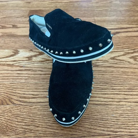 Prada Black Suede Studded Slip-On Shoes – Stylish &amp; Bold Design size 39