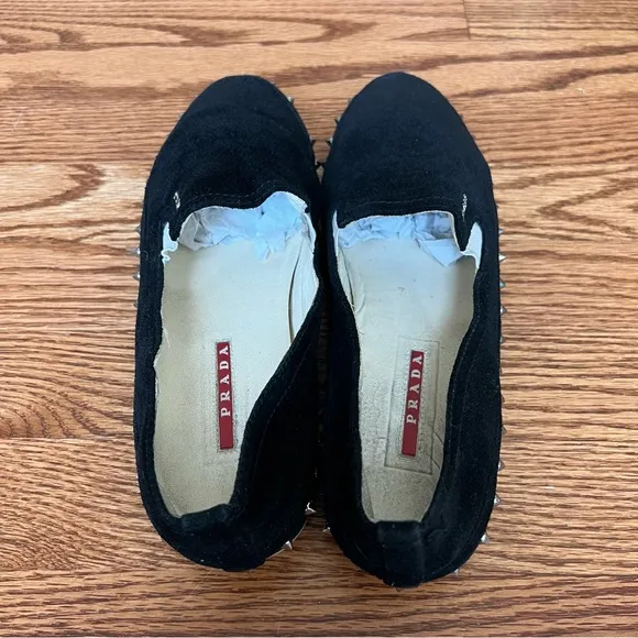 Prada Black Suede Studded Slip-On Shoes – Stylish &amp; Bold Design size 39