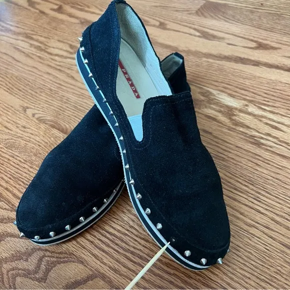 Prada Black Suede Studded Slip-On Shoes – Stylish &amp; Bold Design size 39