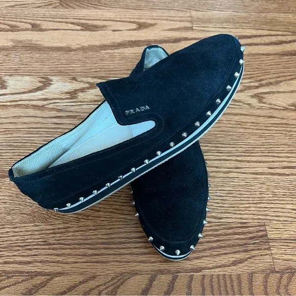 Prada Black Suede Studded Slip-On Shoes – Stylish &amp; Bold Design size 39