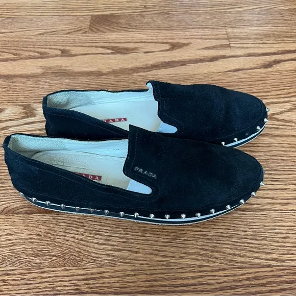 Prada Black Suede Studded Slip-On Shoes – Stylish &amp; Bold Design size 39