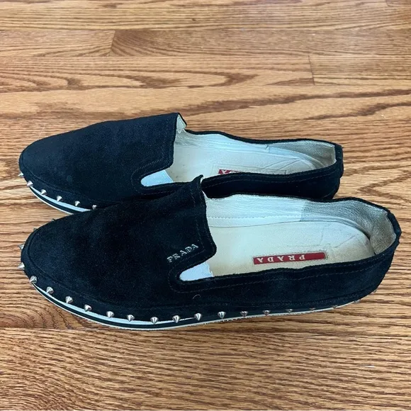 Prada Black Suede Studded Slip-On Shoes – Stylish &amp; Bold Design size 39