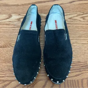 Prada Black Suede Studded Slip-On Shoes – Stylish &amp; Bold Design size 39
