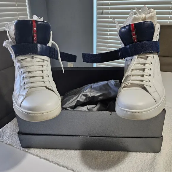 Prada Men's White and Blue High-Top Sneakers