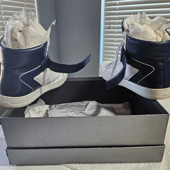 Prada Men's White and Blue High-Top Sneakers