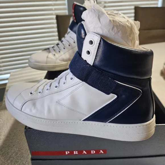 Prada Men's White and Blue High-Top Sneakers