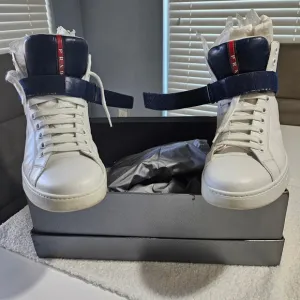 Prada Men's White and Blue High-Top Sneakers