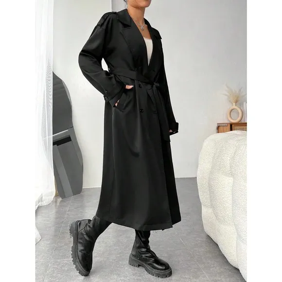 preppy minimalist Double Breasted Belted Trench Coat trenchcoat black