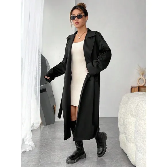 preppy minimalist Double Breasted Belted Trench Coat trenchcoat black