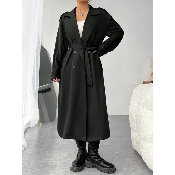 preppy minimalist Double Breasted Belted Trench Coat trenchcoat black