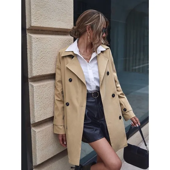 preppy minimalist Double Breasted Trench Coat khaki tan trenchcoat