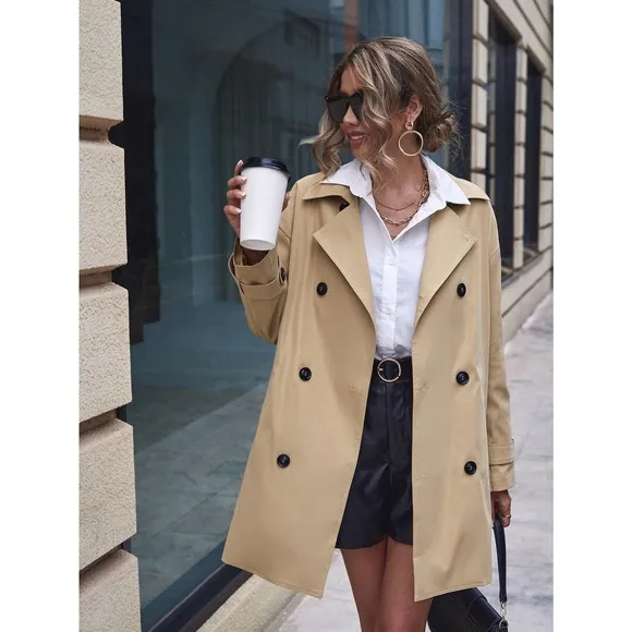 preppy minimalist Double Breasted Trench Coat khaki tan trenchcoat