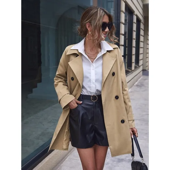 preppy minimalist Double Breasted Trench Coat khaki tan trenchcoat