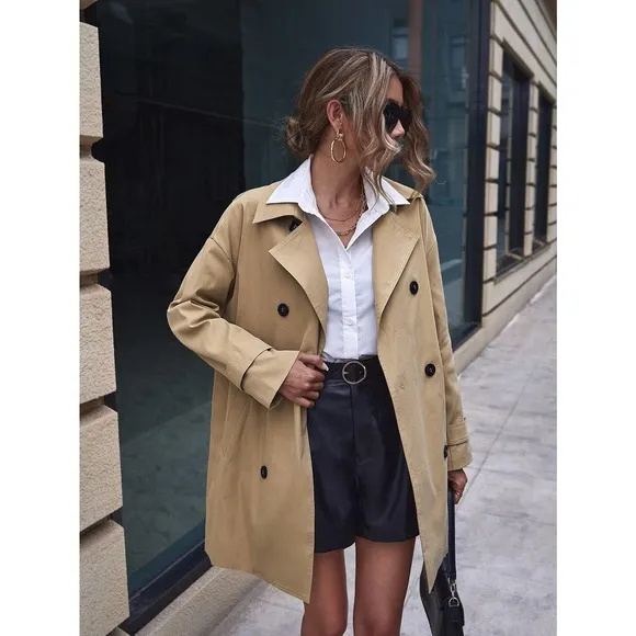 preppy minimalist Double Breasted Trench Coat khaki tan trenchcoat