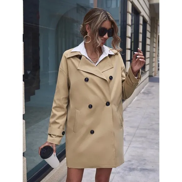 preppy minimalist Double Breasted Trench Coat khaki tan trenchcoat
