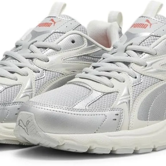 Puma Silver and White Athletic Shoes with Chunky Design and Cushioned Sole