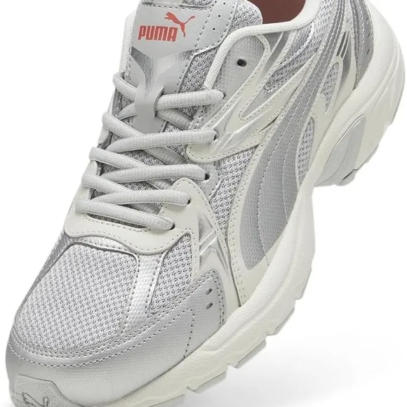 Puma Silver and White Athletic Shoes with Chunky Design and Cushioned Sole